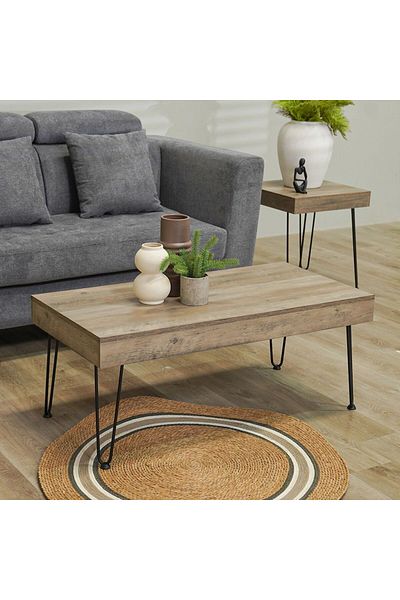 Danube Home Vidia Coffee Table + 2 End Tables Set of 3  L110xW55xH45cm - Oak/Black