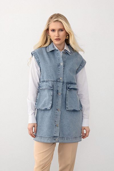 Olcay Übergroße Jeansweste – Taschentasche mit Knopfverschluss BLAU 8252