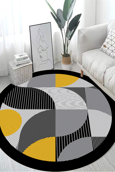 MUA HOME DECOR Yuvarlak Geometrik Dijital Baskı Yıkanabilir Kaymaz Taban Salo...