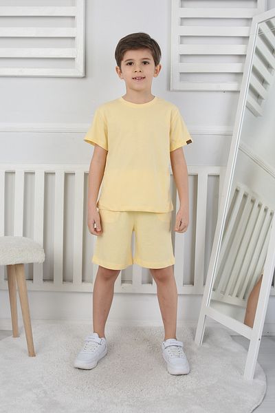 ZUZUNGA Unisex Basic Yellow Leather Detailed Short Sleeve Children's Set with Shorts
