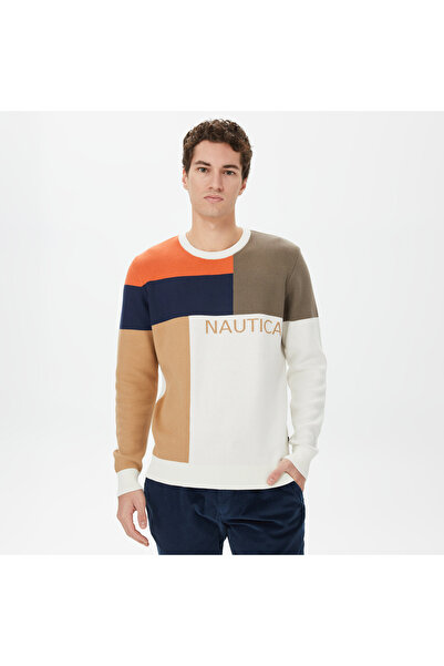 Nautica Erkek Beyaz Standart Fit Renk Bloklu Kazak