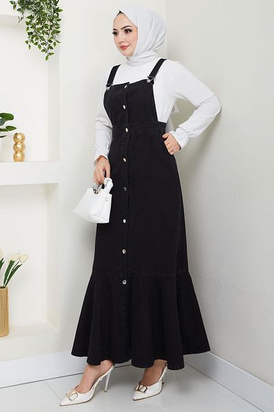 hafsamina Denim Salopet Dress with Ruffled Hem Buttons Black Hm2672