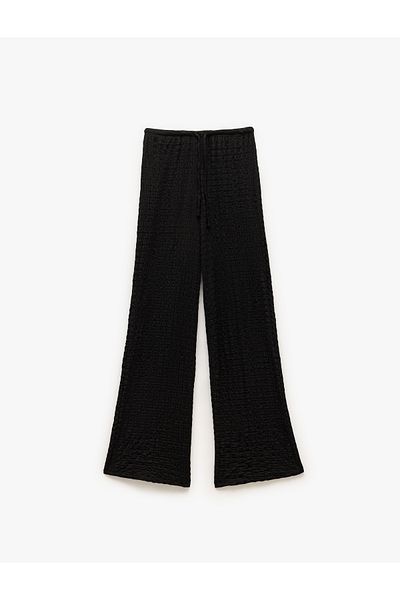 Koton Textured Wide Straight Leg Trousers with Tie Waist