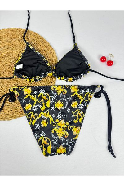 XORVİO Women's Black Yellow Floral Detailed Bikini Set Stylish Stretchy Cotton New Season Young Bikini Set