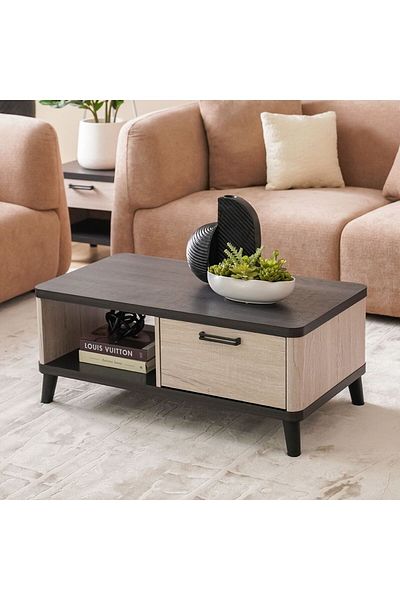 Danube Home Kirwin Centre Table with Drawer  L100xW55xH41.5cm - Grey Oak/Black