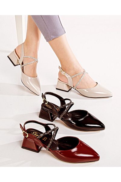 ich1one Marika Women's Patent Leather Cross Stone Heeled Shoes – Stylish & Comfortable Medium Heel Casual and Special Occasion Shoes