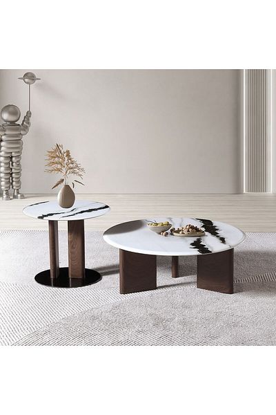 Danube Home Abba Round Coffee Table Set of 2  L85xW85xH32cm - White/Bronze