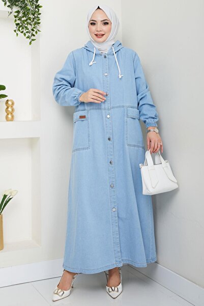 hafsamina Hooded Button Bag Pocket Denim Cap Light Blue Hm2670