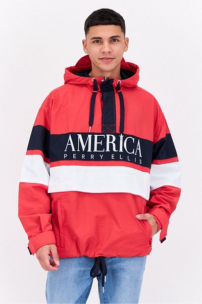 Perry Ellis Men Embroidered Logo Hooded Puffer Jacket, Red Combo