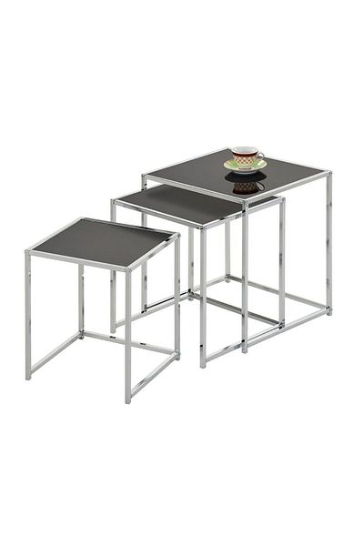 Danube Home Jorley Glass Nesting Table Set of 3  L40xW40xH45cm - Chrome/Black Glass