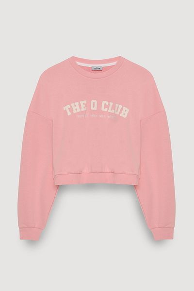 Quzu Pink Text Printed Oversize Crop Sweatshirt