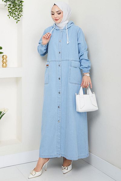 hafsamina Hooded Button Bag Pocket Denim Cap Light Blue Hm2670