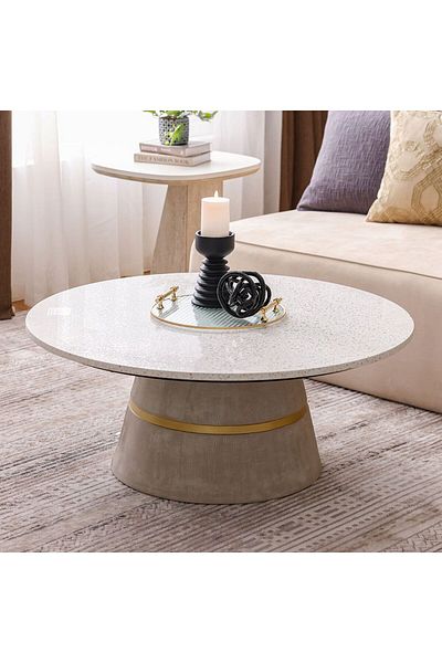 Danube Home Margaret Round Coffee Table  L100xW100xH40cm - Beige / Terrazo / Gold