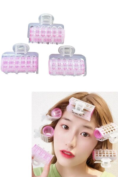 TAKIŞTIR Pembe Renk 3'lü Bigudi Cırtlı Mandal Tokalı/ Yapışkanlı Saç Bigudisi