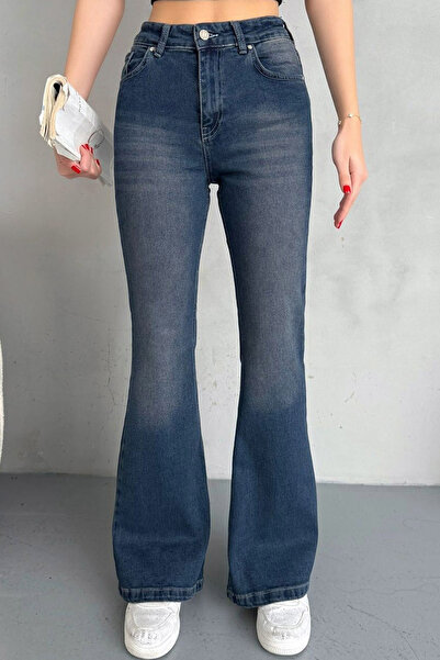 MissKybele Yüksek Bel Yıkamalı Fermuar Kapamalı Fit Kesim Tarz Likralı Esnek İspanyol Paça Jean Pantolon