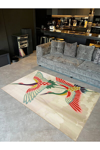 Rugs Modern Halı Seda Koleksiyonu Bulutlar ve Çok Renkli Kuşlar Desenli Dokum...