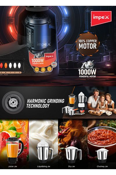 İMPEX Impex Blender 4 In 1 Mixer Grinder 1000w Powerful Copper Motor 3 Speed Pulse
