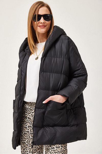 CALİENTE Palton gonflabil oversize cu glugă negru