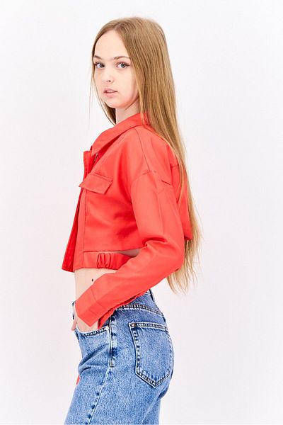 Missyempire Women Solid Cropped Jacket Shirts, Red