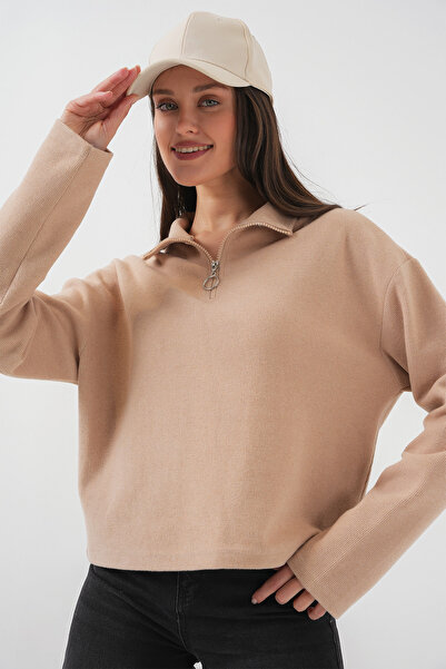 Bigdart 55449 Fermuarlı Yaka Örme Sweatshirt - Camel