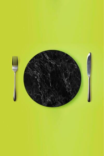 Saban Çap 27 Cm Siyah Mermer Desenli Cam Sunumluk Amerikan Servis Supla