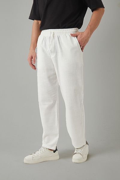 JR Boutique Ανδρικό λινό look Άνετο ελαστικό φαρδύ παντελόνι - Λευκό
