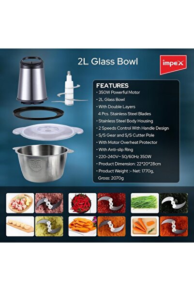 İMPEX Impex Food Chopper With 2L SS Bowl 350W Powerful Motor Food Processor Stainless Steel Blades FC3202