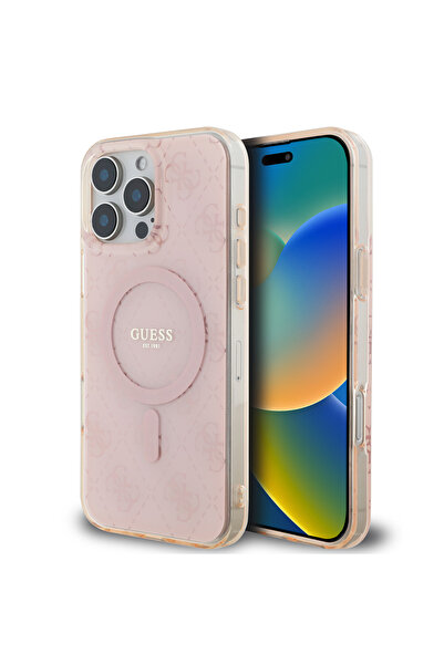Guess iPhone 16 Pro Case Guess Licensed Magsafe Compatible IML Printed Classic Logo 4G Patterned Cover Pink