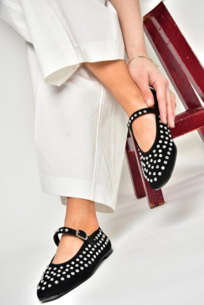 Fox Shoes U811646102 Siyah Süet Pimli Kadın Babet