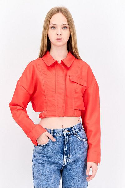 Missyempire Women Solid Cropped Jacket Shirts, Red