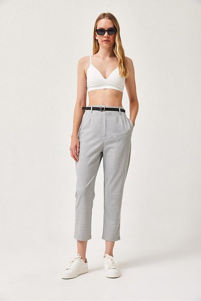 CALİENTE Zippered Belt Detailed Woven Fabric Trousers Gray