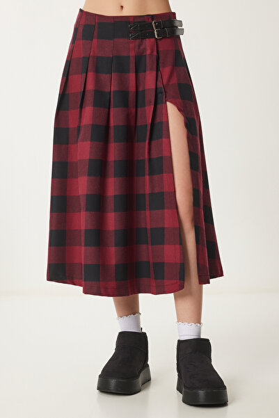 Lovelyİstanbul Kostkovaná tkaná sukně s páskem, rozšířený střih, vínová barva LNS0015