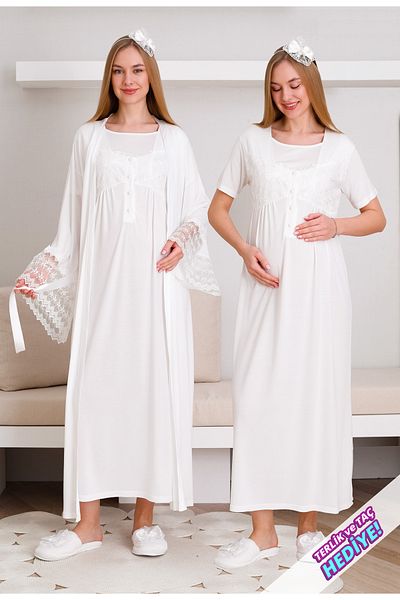 ERDENİZ TEKSTİL Cămașă de noapte de maternitate cu dantelă pentru alăptare/Hijab/Nasturi Set 2 piese/Papuci și cadou coroană