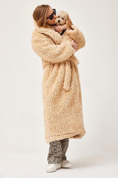 CALİENTE Belted Long Plush Coat Beige