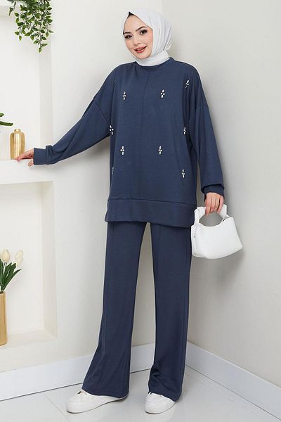 hafsamina Stone Detailed Double Suit Indigo Hm2665