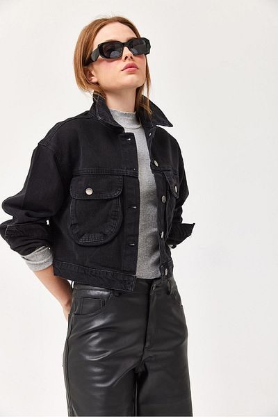 CALİENTE Μαύρο τζιν μπουφάν με εφέ Crop Oversize