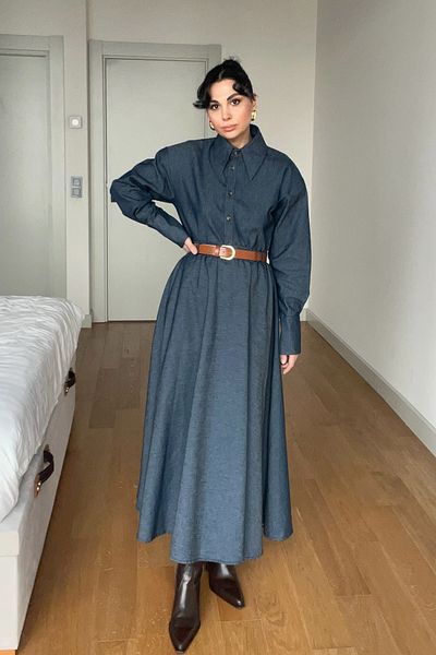 Seda Yalçın Atelier Denim Belted Flared Skirt and Denim Shirt Set