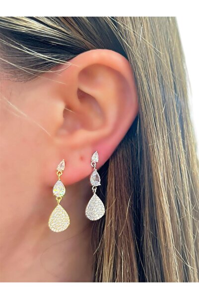 MyladyAccessoriess Zirkon Taş Detay Sallantılı Damla Küpe (Çelik) Gümüş