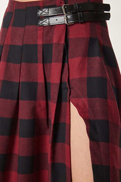Lovelyİstanbul Kostkovaná tkaná sukně s páskem, rozšířený střih, vínová barva LNS0015