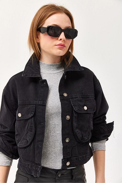 CALİENTE Μαύρο τζιν μπουφάν με εφέ Crop Oversize