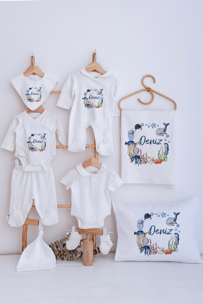 Lilabio Bebe Yaka İsme Özel Delux 12li Hastane Çıkışı Deniz Canlıları