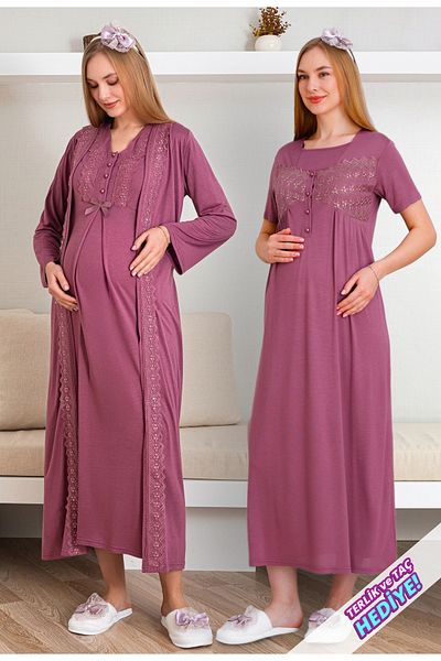 ERDENİZ TEKSTİL Maternity Nightgown with Lace Detail, Breastfeeding / Hijab Clothing / 2-Piece Set with Buttons / Slippers and Crown Gift