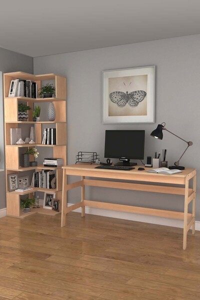 Woodesk Bohem, Ahşap, Çalışma Masası Ve Köşe Kitaplık Takımı, 4 Renk Seçeneği