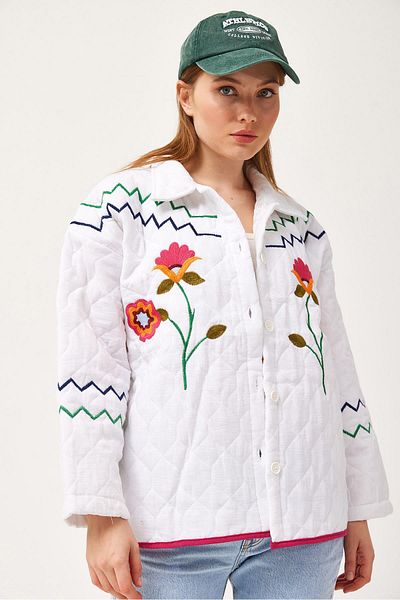 CALİENTE Flower Pattern Embroidered Quilted Jacket White