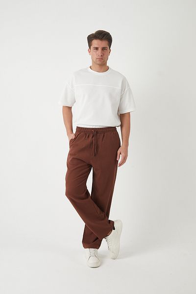 JR Boutique Мъжки удобни еластични панталони с ленен вид - кафяви