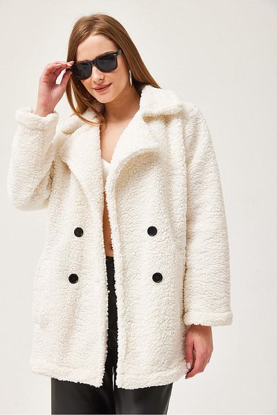CALİENTE White Lined Buttoned Plush Coat