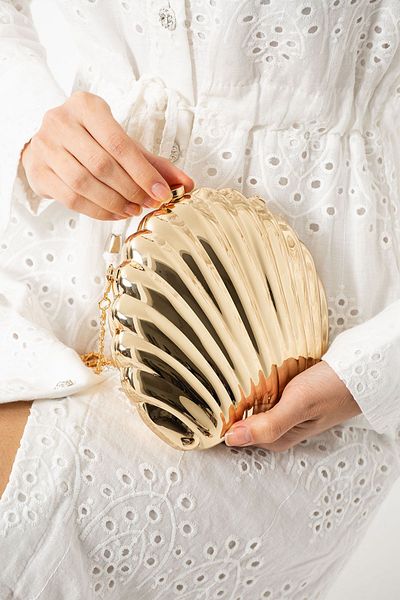 Çanta Trend Rochie de seară model Oyster Shell din metal auriu pentru femei și geantă cu lanț portofoliu pentru ocazii speciale