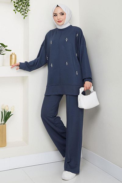 hafsamina Stone Detailed Double Suit Indigo Hm2665