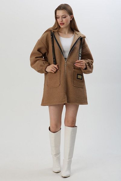 CALİENTE Boucle Pocket Hooded Plush Coat Brown