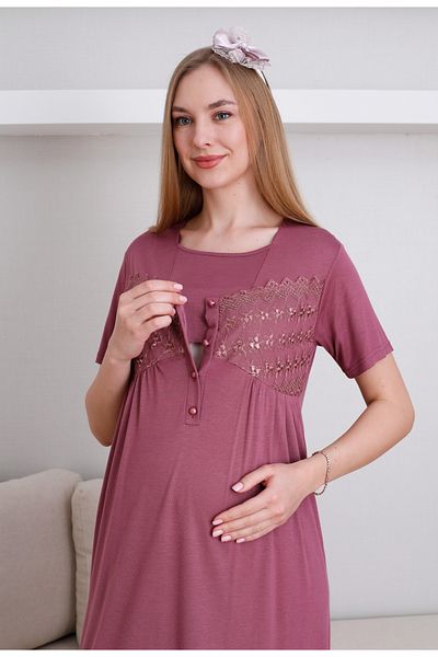 ERDENİZ TEKSTİL Maternity Nightgown with Lace Detail, Breastfeeding / Hijab Clothing / 2-Piece Set with Buttons / Slippers and Crown Gift